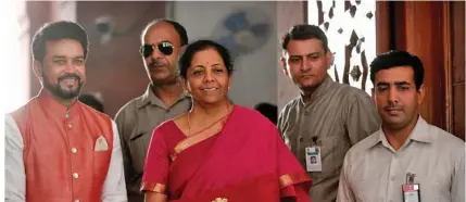  ?? Photo: Reuters ?? Third from left, India’s Finance Minister Nirmala Sitharaman arrives to present the 2019 budget in Parliament in New Delhi, India on July 5, 2019.