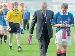  ??  ?? Stuart McCall, Andy Goram, boss Walter Smith and Ian Durrant at the end of ’97-’98, a season to forget