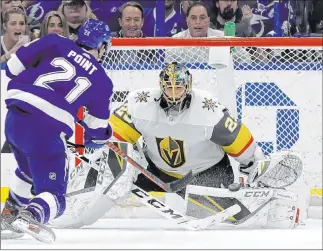  ?? Chris O’meara The Associated Press ?? Crafty Brayden Point, shooting against the Golden Knights’ Marc-andre Fleury in February, is one reason oddsmakers pick Tampa Bay as the NHL’S top team. The Knights are projected to be second overall.
Coyotes Canucks Oilers Ducks Kings
10-1 12-1 20-1 80-1 100-1