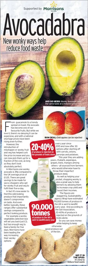  ??  ?? AVO GO HERO: Wonky Avocados with the same taste at a reduced price NIP IT IN THE SPUD: It’s time to reduce food waste