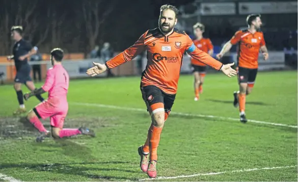  ?? Picture: Nathan Lipsham ?? Brett Pitman celebrates one of his 50 goals this season for AFC Portcheste­r