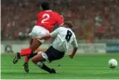  ?? Photograph: Action Images ?? Paul Gascoigne’s challenge on Nottingham Forest’s Gary Charles in the 1991 FA Cup final that led to his long injury absence.