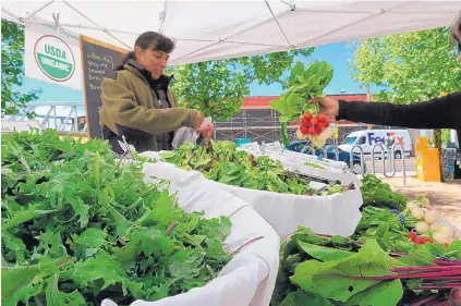  ?? DENISE MILLER/FOR THE JOURNAL ?? Natasha Gunderson of Mr. G’s Organic Produce tends a customer at the Santa Fe Farmers’ Market. A wide variety of greens are available this month from local sellers.