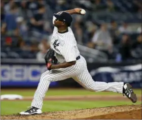  ?? KATHY WILLENS - THE ASSOCIATED PRESS ?? New York Yankees starting pitcher Luis Severino winds up in the sixth inning of a baseball game against the Kansas City Royals at Yankee Stadium Wednesday in New York. Severino was the winning pitcher in the Yankees’ 3-0 shutout of the Kansas City...