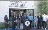  ?? BRIAN ROKOS — STAFF ?? Attorney Zulu Ali, who represents Willie Jones III, to Ali’s left, Friday discusses the $5 million claim filed on behalf of Jones after a San Bernardino County sheriff’s deputy kicked Jones in the head during an arrest on June 16.