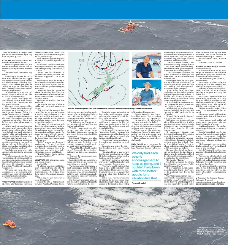  ?? Photo / Supplied ?? The low pressure system that sank the Essence; survivors Stephen Newman ( top) and Bruce Goodwin.
A Westpac Rescue Helicopter AW169 helicopter hovers over the Orion liferaft during the rescue off Cape Brett, Northland.