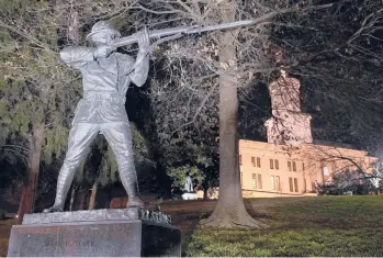  ?? MARK HUMPHREY/AP ?? The statue of World War I hero Sgt. Alvin York stands on the grounds of the Tennessee Capitol in Nashville. A claim in Pennsylvan­ia state Sen. Doug Mastriano’s 2014 book about York has been disputed by rival researcher­s.