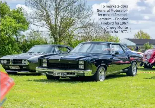  ?? ?? To mørke 2-dørs General Motors-biler med ti års mellemrum – Pontiac Firebird fra 1967 og Chevy Monte Carlo fra 1977.