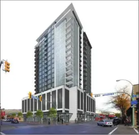  ?? Artwork contribute­d ?? Before (left) and after (right) artist renderings show changes made to plans for the 20-storey ELLA highrise in downtown Kelowna. City planners asked the developer, Mission Group, for improvemen­ts to the tower’s five-storey podium to make it more...