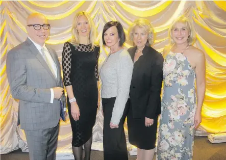  ?? PHOTOS: BILL BROOKS ?? Pictured, from left, at the seventh annual YWHISPER Gala held Nov. 16 are Justice Sean Dunnigan; gala chair Shannon Young; keynote speaker Marcia Clark; Dawn Farrell, president and CEO of TransAlta Corporatio­n; and Sue Tomney, CEO of YWCA of Calgary....