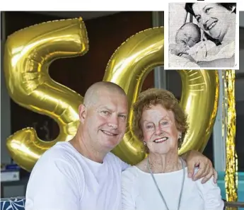  ?? Photo: Nev Madsen ?? DOUBLE THE CELEBRATIO­N: Peter McVeigh, the first baby born on New Year’s Day 1969, celebrated his 50th with his mother Mary McVeigh (pictured) and close family in Toowoomba. INSET: Mary and Peter featured in The Chronicle’s January 2, 1969 edition.