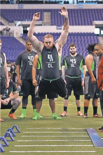  ?? BRIAN SPURLOCK, USA TODAY SPORTS ?? Jason Spriggs does the broad jump at the 2016 NFL Scouting Combine.