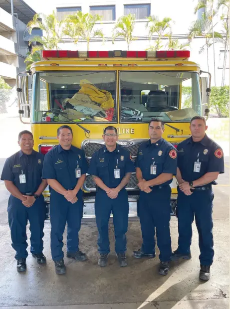  ?? ?? Left to right: Jared Calvan, Nathanael Ham, Capt. Jay Fujita, Kawika Casco and J.D. Evert: Fujita and Casco will be honored at the Gold Gala.