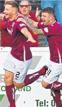  ?? Picture: SNS. ?? Jason Thomson, left, and Bobby Linn celebrate the former’s goal against Partick Thistle at Gayfield last week.