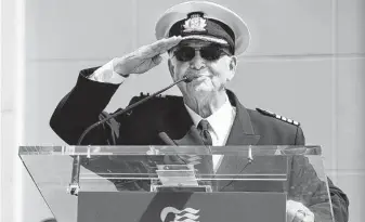  ?? Chris Pizzello / Invision / Associated Press file photo ?? Gavin MacLeod salutes the crowd May 10, 2018, as he speaks at a Friends of Hollywood Walk of Fame honorary star plaque ceremony for the cast and Princess Cruises in Los Angeles.