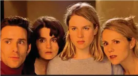  ??  ?? The old gang: Sally, far right, with James Callis, Shirley Henderson and Renée Zellweger in the original Bridget Jones’s Diary movie released 20 years ago