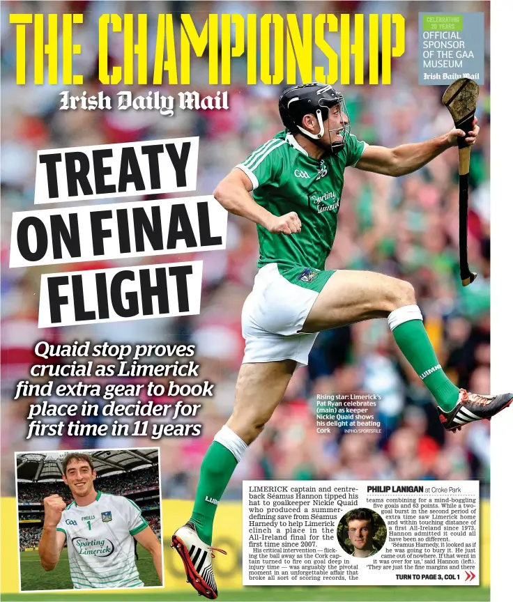  ?? V1 INPHO/SPORTSFILE ?? Rising star: Limerick’s Pat Ryan celebrates (main) as keeper Nickie Quaid shows his delight at beating Cork