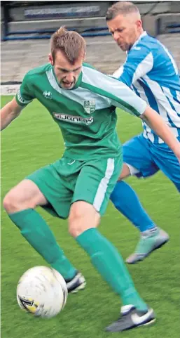  ??  ?? Thornton Hibs’ captain Stuart Drummond, left, goes up against David McKenna in their Scottish Cup clash with Renfrew at Stark’s Park. The Fife side won 2-0 to seal a last 16 trip to face Kilwinning Rangers.