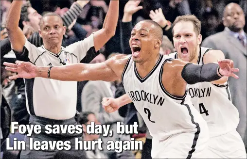  ??  ?? NAILED IT! Randy Foye and Bojan Bogdanovic (right) can barely contain their excitement after Foye hit the game-winner Monday night.