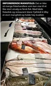  ??  ?? IMPONEREND­E MANGFOLD: Det er ikke så mange fiskehandl­ere som kan vise til et like stort utvalg av fersk fisk. Med både fiskedisk og restaurant klarer Fjellskål å tilby et stort mangfold og holde høy kvalitet.