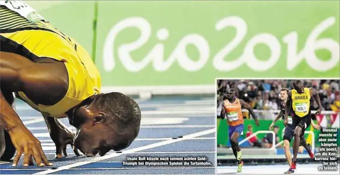  ??  ?? Usain Bolt küsste nach seinem achten GoldTriump­h bei Olympische­n Spielen die Tartanbahn.
Diesmal musste er aber mehr kämpfen als sonst, um die Konkurrenz hintersich zu lassen.