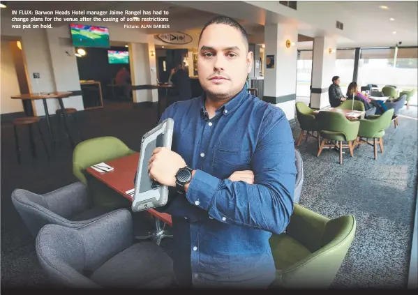  ?? Picture: ALAN BARBER ?? IN FLUX: Barwon Heads Hotel manager Jaime Rangel has had to change plans for the venue after the easing of some restrictio­ns was put on hold.