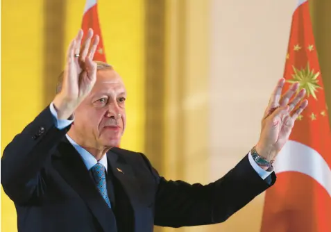  ?? UNAL/AP
ALI ?? Turkish President Recep Tayyip Erdogan gestures to supporters at the presidenti­al palace, in Ankara, Turkey on May 28, 2023.