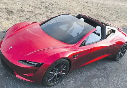  ?? ELON MUSK/ TWITTER ?? Tesla is dominating the race with its US$200,000, all-wheel drive Roadster that goes 0-100 km/h in a mind-blowing 1.9 seconds, making it the fastest production car ever, says Barry Ritholtz. Supercar rivals like US$1.3-million McLaren P1 and the...
