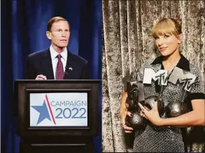  ?? Dave J Hogan/Getty Imges for MTV and AP Photo / Jessica Hill ?? U.S. Sen. Richard Blumenthal has called out deceptive ticketing practices by Ticketmast­er during the recent Taylor Swift tour ticket sale. Swift is shown at right.