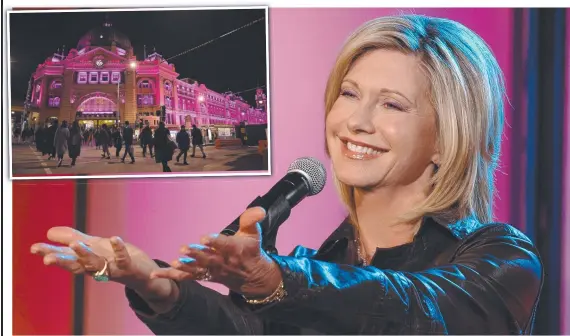  ?? ?? Olivia Newton-john performing song from her Christmas CD on 'Good Morning America' in 2007. A state memorial is set to be held in her honour; (inset) Flinders Street Station lit up in pink in tribute of the beloved actor and singer.