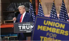  ?? ?? Donald Trump speaks at a campaign rally at Drake Enterprise­s, an automotive parts manufactur­er, in Clinton Township, Michigan, Wednesday. Photograph: Scott Olson/Getty Images