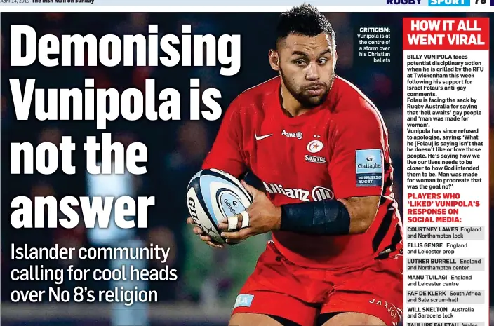  ??  ?? CRITICISM: Vunipola is at the centre of a storm over his Christian beliefs