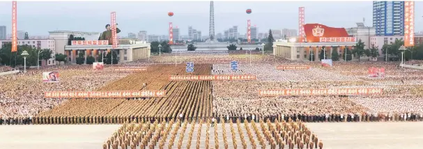  ??  ?? Pyongyang city civilians celebrate the successful completion of the hydrostati­c test for the interconti­nental ballistic rocket installati­on in this undated photo released by North Korea’s Korean Central News Agency (KCNA) in Pyongyang. — Reuters photo