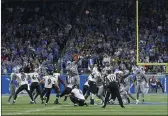  ?? TONY DING — THE ASSOCIATED PRESS ?? Baltimore Ravens kicker Justin Tucker kicks a 66-yard field goal in the second half on Sunday against the Detroit Lions in Detroit. Baltimore won 19-17.