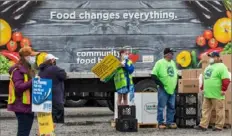  ?? Andrew Rush/Post-Gazette ?? Volunteers wait for the hundreds in line for a food bank distributi­on Tuesday at the Big Butler Fairground­s in Prospect.