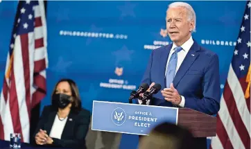  ??  ?? Foto tomada el 1 de diciembre del 2020 del presidente electo Joe Biden y la vicepresid­enta electa Kamala Harris en un evento en Wilmington, delaware