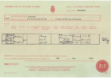  ??  ?? Document 2: the birth certificat­e of Alice Maud Roots’ mother, Steve’s greatgrand­mother