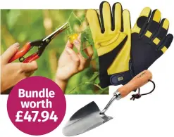  ?? ?? Niwaki Garden Snips are the ideal tool for fruit, veg and flower maintenanc­e, while the Soft Touch Gold Leaf gloves are comfortabl­e and durable. The Burgon and Ball stainless steel trowel features a wide, deep dish and lifetime guarantee.