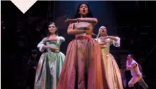  ??  ?? Top: Lin-manuel Miranda (centre), as the titular hero, leads the Broadway cast of
Hamilton. Above
left: With rival Aaron Burr (Leslie Odom Jr). Right:
The Schuyler Sisters — from left, Eliza (Phillipa Soo), Angelica (Renée Elise Goldsberry) and
Peggy (Jasmine Cephas Jones).