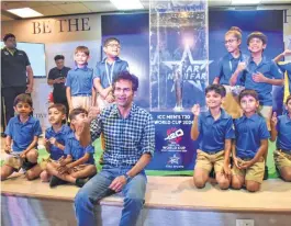  ?? ?? The ICC T20 World Cup trophy was brought to JBCN Internatio­nal school campus and displayed in presence of Indian cricketer Mohammad Kaif along with school students in the city on Friday