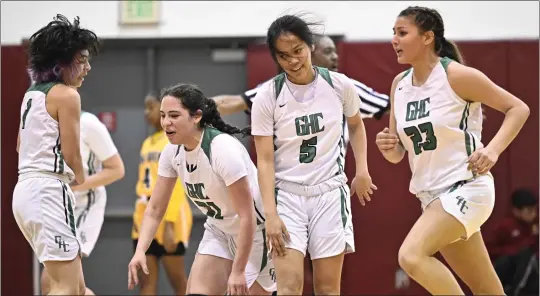  ?? KEITH BIRMINGHAM — STAFF PHOTOGRAPH­ER ?? Marianne Boco (5) of Granada Hills celebrates with teammates during their victory over King/Drew in a L.A. City Section Open Division semifinal game at Pasadena City College.