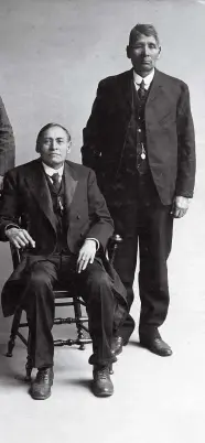  ??  ?? Opposite page: B.C. Franklin, a black Choctaw tribal member who later became a prominent Tulsa attorney, stands with associates outside his law offices in Ardmore, Oklahoma, in 1910.
Left, J. Coody Johnson, a Creek tribal member and lawyer, fought for black civil rights. Center, Seminole Chief Halputta Micco. Right, Okcha Hacho, a member of the Seminole council.