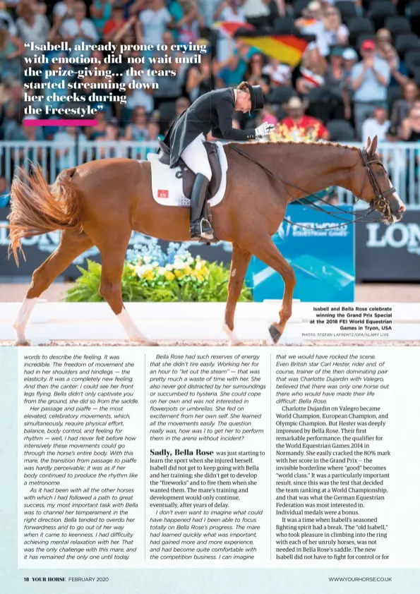  ?? PHOTO: STEFAN LAFRENTZ/DPA/ALAMY LIVE ?? Isabell and Bella Rose celebrate winning the Grand Prix Special at the 2018 FEI World Equestrian Games in Tryon, USA