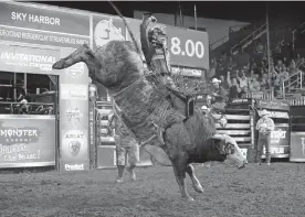  ??  ?? Colten Jesse, of Konawa, rides Sky Harbor for a score of 92.25 during the championsh­ip round of the Bismarck Unleash the Beast PBR event. Jesse won the event for his first victory on the PBR's top series. [ANDY WATSON/BULL STOCK MEDIA]