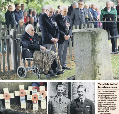 ??  ?? SOLEMN TRIBUTE: Top, veterans of 158 Squadron, from left, Len McNamara, John Cotter and Geoffrey Towers, attend yesterday’s memorial service. Above left, crosses remember the fallen, and, right, Flt Lt Alan Bryett with his pilot Kevin Hornibrook PICTURES: SIMON HULME