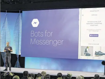  ?? ERIC RISBERG / ASSOCIATED PRESS 2016 ?? David Marcus, vice president of messaging products for Facebook, talks about the Bots for Messenger program during his address to the F8 Facebook Developer Conference in San Francisco last April.