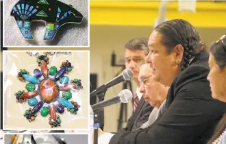  ?? URIEL J. GARCIA/THE NEW MEXICAN ?? ABOVE: Dallin Maybee, chief operating officer of the Southweste­rn Associatio­n for Indian Arts, the organizati­on the produces the Indian Market, testifies at a hearing Friday at the Santa Fe Indian School on how to combat the marketing and sale of...