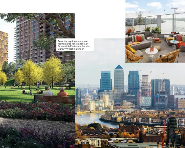  ??  ?? From top right: A communal rooftop area for residents at Greenwich Peninsula, London; Canary Wharf in London