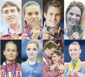  ?? AFP ?? Banned from the Rio Olympics, from left ( top row) S. Shubenkov ( 110m hurdles), Y. Isinbayeva (pole vault), V. Morozov (50m freestyle), Y. Efimova (100m breaststro­ke) (second row), S. Velikaya (saber), A. Mustafina (artistic gymnastics), D. Muserskiy,...