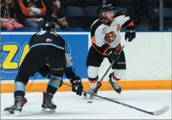  ?? NEWS PHOTO RYAN MCCRACKEN ?? Medicine Hat Tigers’ Ryan Jevne passes during a Feb. 20, 2018 game at Canalta Centre against the Kootenay Ice. Jevne and teammate Dalton Gally are the 20year-olds on the roster, awaiting word of what other overagers’ situations are that could have an impact on them.